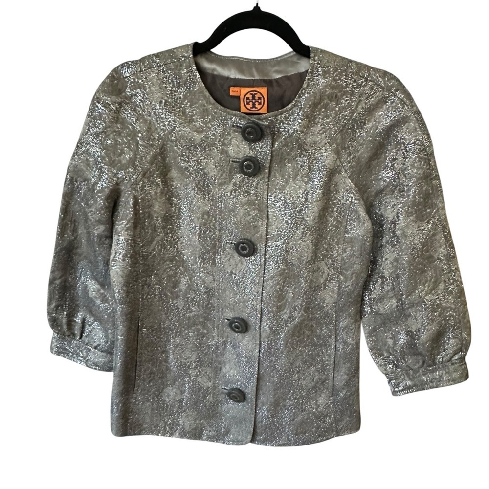Tory Burch Silver Brocade Button-Front Jacket size 4